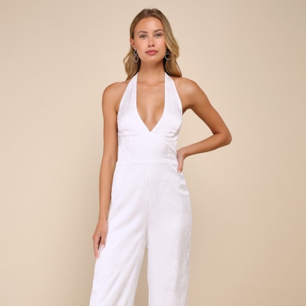 Lulus Elegant Ivory Floral Jacquard Halter Wide-leg Jumpsuit White - XL